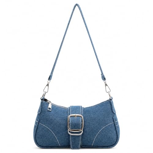 QZUnique Women Denim Mini Bucket Bag Crossbody Purse Shoulder Handbag Drawstring Quilted Tassel Barrel Shape Satchel Tote Bag - color: Hobo Blue