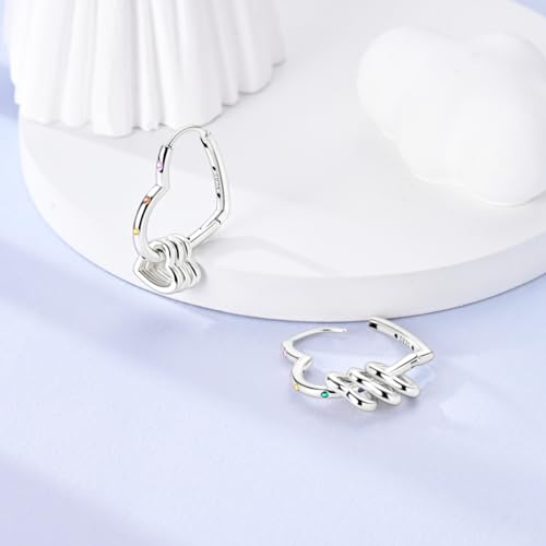 Parmuz 925 Sterling Silver Earrings Hoops for Women Ladies Simple Lightweight Twisted Medium Hoop Earrings With Cubic Zirconia Hypoallergenic Jewelry for Her - color: Colorful double heart earring