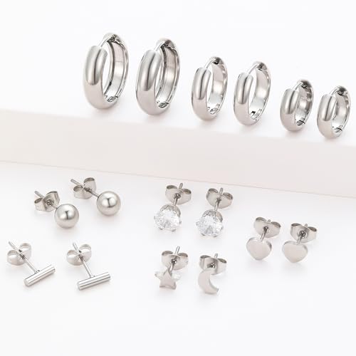 Silver Gold Plated Surgical Steel Flat Back Earrings for Women Hypoallergenic 14K Gold Plated Stud Huggie Earring Set Fashion Shell Cubic Zirconia Flatback Studs Cartilage Earrings Pack for Multiple Piercing 5/8Pairs - color: 8 Pairs Silver Plated Huggie/