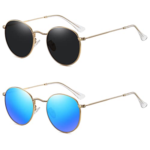 MEETSUN Round Polarized Sunglasses for Women Men Classic Retro Metal Frame Sun Glasses UV Protection - color: (2 Pack) Gold/Blue + Gold/Grey