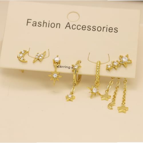 6 Pcs/6 Pairs Hypoallergenic 925 Sterling Silver Stud Post 14K Gold Earrings for Women Moon Star Hoop Stackable Cubic Zirconia Chain Dangle Earring Set Stacks for Multiple Piercings - color: Gold Star Chains