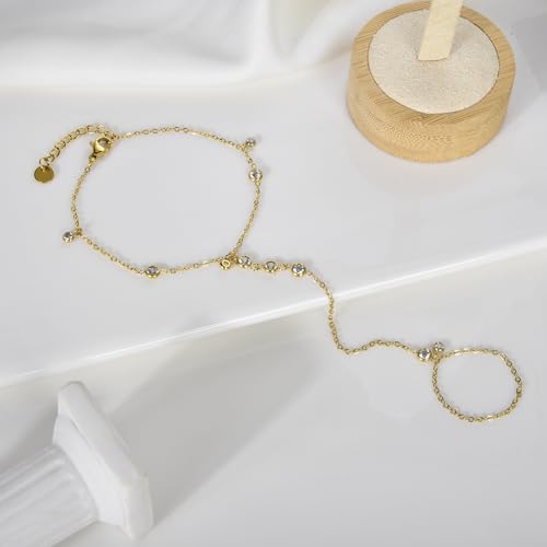 Hand Chain Bracelet Stainless Steel Finger Ring Bracelet Adjustable Gold Plated Hand Chain CZ Stackable Boho Minimalist Jewelry for Women - color: Gold Hand Chain Bracelet AN134G