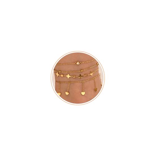 LOFITOR Ankle Bracelets for Women Glitter Waterproof Adjustable Anklet Set for Women 18K Gold Plated Silver Charm Dainty Layered Anklets, Summer Beach Anklet Jewelry for Women - style: Heart Gold