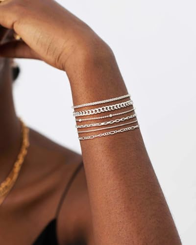 DEARMAY Sterling Silver Plated Bracelets Set for Women Waterproof, Non Tarnish Sterling Silver Link Chain Bracelets Pack Dainty, Fashion Jewelry Gifts for Everyday Comfortable - color: 6Pcs Silver Bracelets D