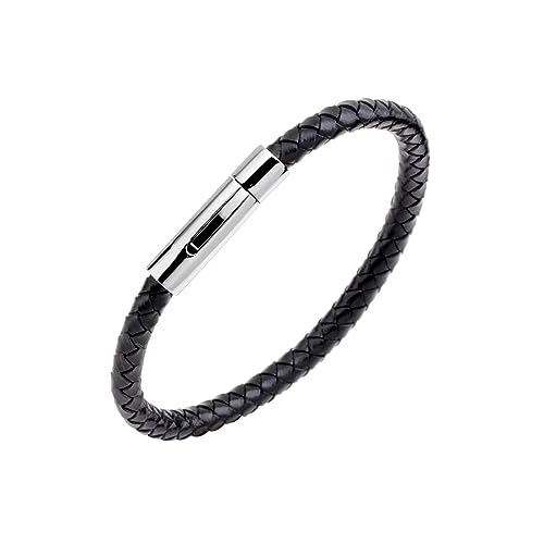 KunBead Braided Mens Leather Bracelets for Women with Stainless Steel Clasp Cuff Bangle Birthday Bracelet - color: Black