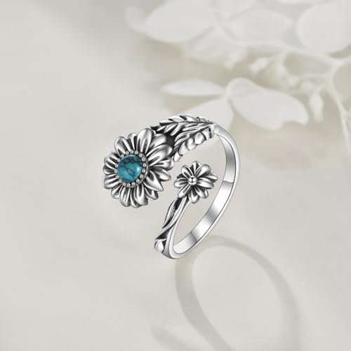 POPLYKE Sterling Silver Spoon Ring Vintage Thumb Rings Boho Adjustable Open Ring Statement Jewelry Gifts for Women - style: Turqouise Daisy