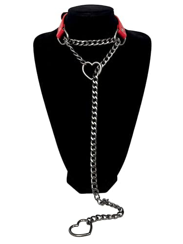 Black Leather Choker Collar For Women, Handmade Heart Slip Chain Choker Long Necklace with Adjustable Buckle - color: B-Red-Black-Black, size: 24''chain