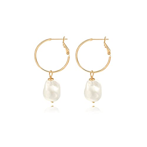 Gold Plated Huggie Hoop Earrings with Charms Fashion Pearl Drop Dangle Earrings for Women Handmade Karma Circle Jewelry for Ladies Lightweight Pearl Earrings on Christmas - color: baroque