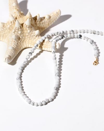 Simple Choker Necklace for Women Real Stone and Crystals Necklaces 4mm Beaded Choker Jewelry Meditation Gift for Women (16"+2") - style: Howlite