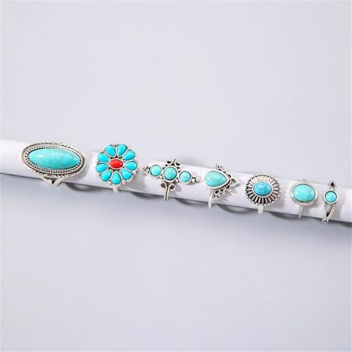 Bohemian Joint Knuckle Rings Set for Women,Vintage Boho Turquoise Stackable Rings Chunky Retro Turquoise Midi Finger Ring Statement Western Jewelry - style: Style C