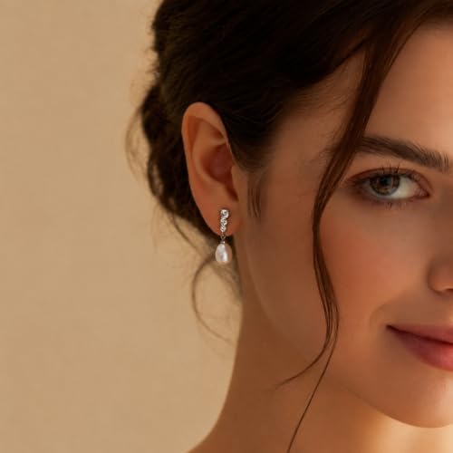 Pearl Earrings for Women, 14k Gold Plated Trendy Diamond Pearl Drop Earrings Hypoallergenic Dainty Bridal Gifts Wedding jewelry for Women - color: A—Silver