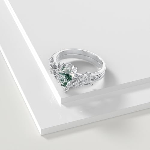 Natural Moss Agate Ring for Women 925 Sterling Silver Pear/Oval/Kite/Heart/Hexagon/Emerald/Coffin Cut Green Leaf Moss Agate Engagement Ring Promise Bridal Set Anniversary Birthday Jewelry Gifts - color: Coffin Cut Moss Agate