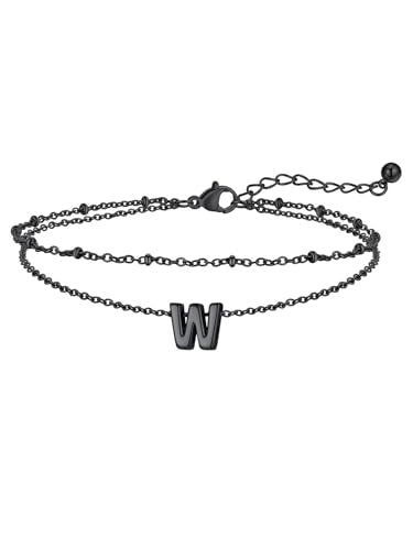 FaithHeart Initial Ankle Bracelets for Women, Waterproof 14k Gold Plated Initial Anklets Non Tarnish Stainless Steel Cute Layered Anklet Summer Beach Jewelry - color: Black, size: Initial W