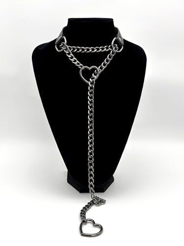 Black Leather Choker Collar For Women, Handmade Heart Slip Chain Choker Long Necklace with Adjustable Buckle - color: B-Black-Black-Black, size: 24''chain