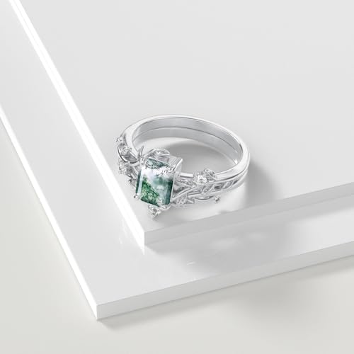 Natural Moss Agate Ring for Women 925 Sterling Silver Pear/Oval/Kite/Heart/Hexagon/Emerald/Coffin Cut Green Leaf Moss Agate Engagement Ring Promise Bridal Set Anniversary Birthday Jewelry Gifts - color: Emerald Cut Moss Agate
