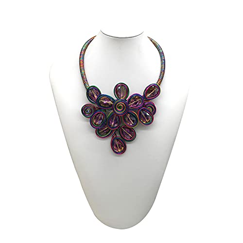 Statement Chunky Flower African Necklace For Women Tribal Fashion Costume Jewelry Earring Sets Unique Big Colorful Rhinestone Crystal Pendent Collar Choker Bib Handmade - color: flowers colorful
