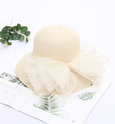 Women's Kentucky Derby Church Dress Hat Wide Brim Leaf Flower Bridal Shower Hat - color: 01 Cream