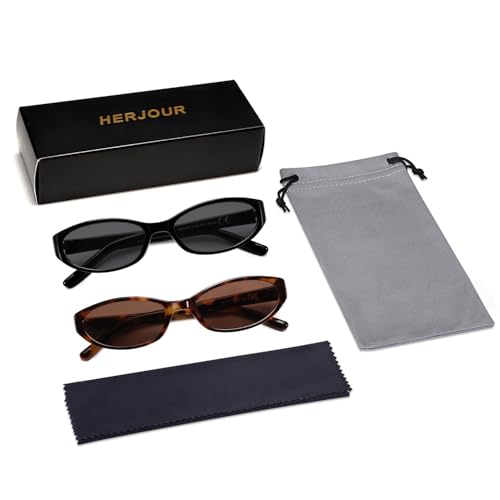 Retro Oval Sunglasses for Women Men Y2k Narrow Cat Eye Sunnies Skinny Shades AR82299 - color: B02 Black/Grey+tortoise/Brown