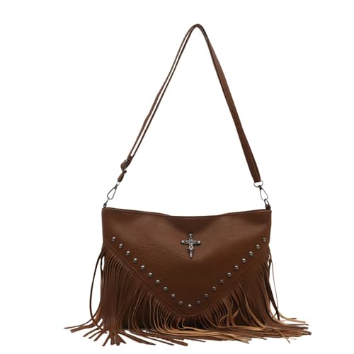 1PC Women's Fringe Rivet Crossbody Bag - Adjustable Strap Deep Brown Edgy Bag