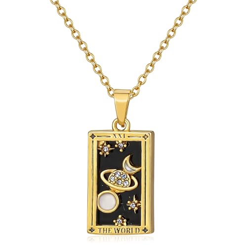 Gold Tarot Card Necklace for Women Men, Non Tarnish 18K Gold Plated Vintage Lucky Charm Square Pendant Talisman Amulet Necklaces Unisex Jewelry - style: The World