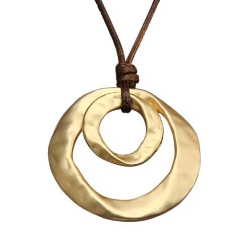GelConnie Leather Necklace for Women Round Wooden Pendant Long Leather Choker Vintage Sweater Necklace Gold Chunky Boho Necklaces for Women - style: 2 Circles Gold Necklace