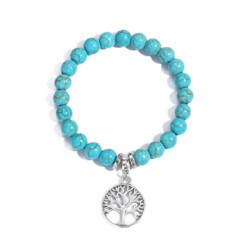 Turquoise Bracelet for Women, 8mm Beaded Stretchable Unisex Bracelet, Boho Turquoise Bead Bracelet Stone Beaded Bracelets Turquoise Jewelry for Women - color: Tree of Life