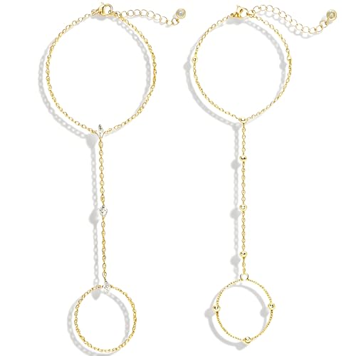 YEEZII Gold Hand Chain Bracelets for Women, 2 Pcs 14k Gold Plated Cubic Zirconia Link Chain Bracelet Set, Trendy ring bracelet hand chain Jewelry for Her - color: Gold-G