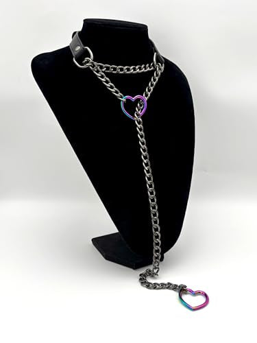 Black Leather Choker Collar For Women, Handmade Heart Slip Chain Choker Long Necklace with Adjustable Buckle - color: B-Black-Black-Rainbow, size: 24''chain