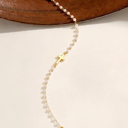 NECOCY Mothers Day Gifts Cross Bracelet for Women, Dainty 14K Gold/Silver Plated Pearl Cross Chain Bracelet Religious Christian Baptism Jesus Catholic Bracelet Jewelry Gift for Mom Wife Daughter - style: Style-6
