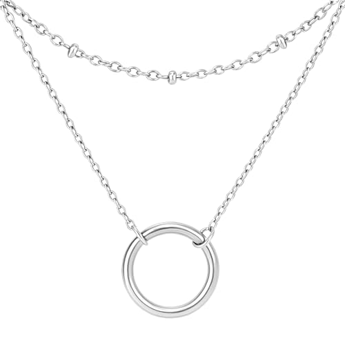 Minimalist Stainless Steel Single or Two Circular Hammered Texture Pendant Necklace for Women, 14K Gold/Silver/Rose Gold Plated Hypoallergenic Stackable Layered Collarbone adjustable Chain Necklace, Dainty Layering Necklace Jewelry Gift - style: Silver Si