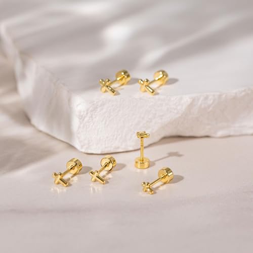 VRIUA 20G Tiny Flat Back Earrings for Women - 14K Gold/Silver Plated Small Flat Back Stud Earrings Hypoallergenic Cartilage Helix Piercing Jewelry - color: 4/5/6mm-Cross Flat Gold