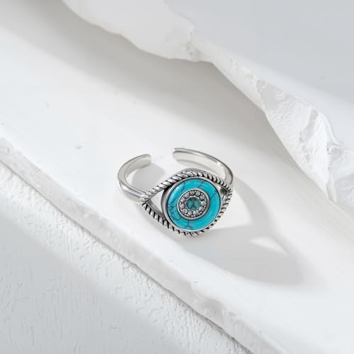 925 Sterling Silver Turquoise Exquisite Evil Eye Ring with CZ Boho Style Adjustable Rings Jewelry Gifts for Women Mother