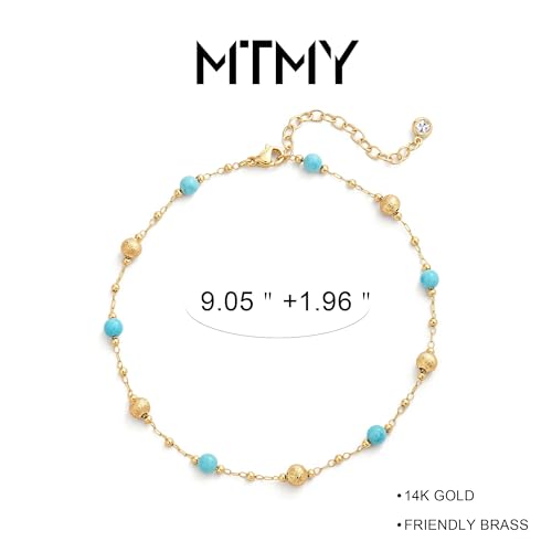 MTMY Gold Anklets for Women 14K Gold Plated Tiny Bead Anklet Colorful Tassel Foot Chain Dainty Adjustable Cute Summer Beach Boho Anklets Jewelry Gift - style: turquoise ball