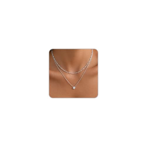 Dainty Gold Necklaces for Women Trendy Non Tarnish 14K Gold Plated Cubic Zirconia Necklace Layered Simple Cute Four Leaf Clover Choker Jewelry Birthday Gifts - color: Silver, style: Layered CZ