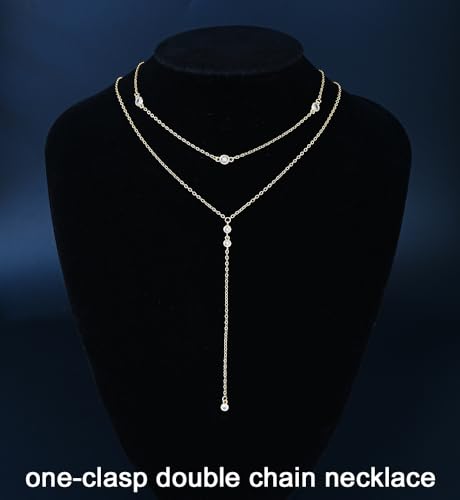 iF YOU Lariat Gold Long Necklaces for Women Trendy, Dainty 14K Gold Plated Drop Chain Necklace, Layered Rosary Beaded Y Necklaces Summer Beach Jewelry Gifts - color: Y layered CZ necklace-GLD