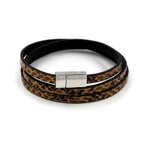 Long tiantian Leather Wrap Bracelet for Men Vintage Brown Leather Cuff Bracelet Adjustable Minimalist Western Style Wristband Casual Fashion Jewelry Gift for Him - color: leopard