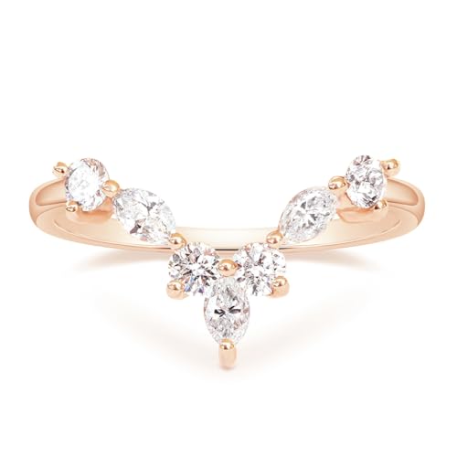Mameloly Wedding Bands for Women Curved Marquise & Round 14K Gold Plated Dainty Stackable Cubic Zirconia CZ V Shaped Engagement Rings for Her Size 3-12 - color: Rose Gold Plated