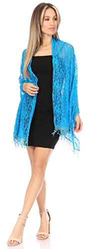 Sakkas Mari Women's Large Lightweight Soft Lace Scarf Wrap Shawl Floral and Fringe - color: Style3-blue