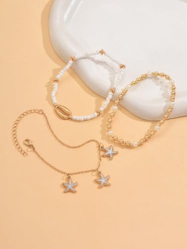 INENIMARTJ Shell Anklet Bracelet for Women Gold and White Beaded Elastic Stack Ankle Bracelet Hawaiian Beach Seashell Starfish Anklet Puka Shell Starfish Foot Jewelry for Women Beach Accessories - style: style C
