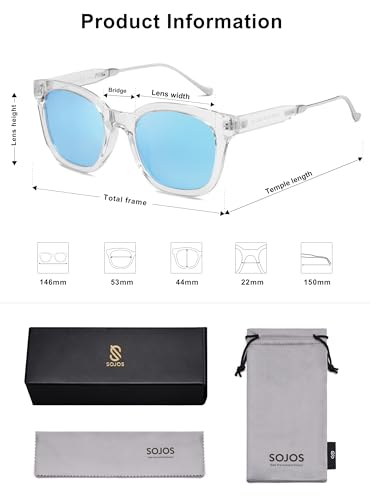 SOJOS Classic Square Polarized Sunglasses Womens Mens Retro Trendy UV400 Sunnies SJ2050 - color: Clear/Blue Mirrored