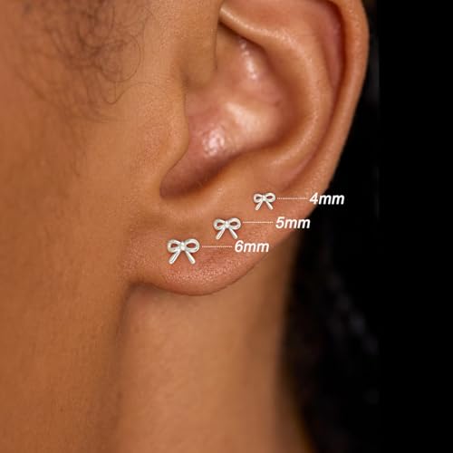 3 Pair Tiny Flat Back Earrings for Women - 14K Gold/White Gold Plated Dainty Cute Small Screw Flatback Stud Earring, Everyday Wear Gift - color: Bow Flat-4/5/6mm Silver