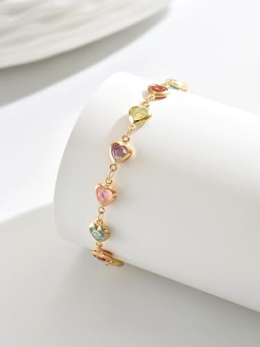 Heart Anklets for Women Crystal Tennis Chain Foot Jewelry Rhinestone Ankle Bracelets for Summer Beach Party - color: Gold/Pastel Multicolor