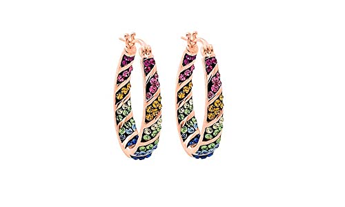 Savlano 14K Gold Plated Inside Out Multicolor Rainbow Crystal Hoop Earrings For Women Comes With Gift Box - color: Rose Gold