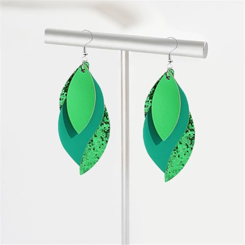 ANXIN boho unique Leather Earrings 2 Layered Lightweight Faux Leather Leaf Earrings Layered Design Drop Earrings Gift for Women - color: Green