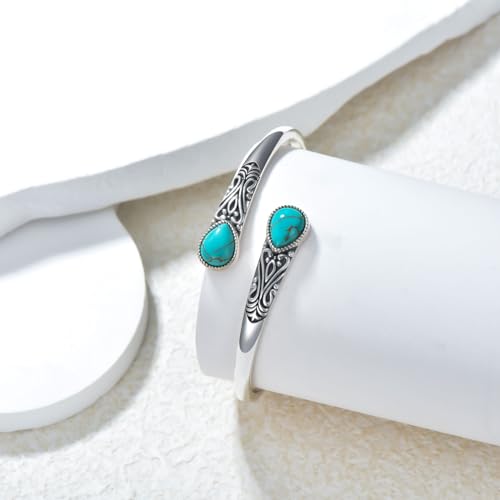 925 Sterling Silver Genuine Gemstone Bracelet for Women Men Handmade Adjustable Boho Navajo Style Bangle Cuff Natural Stone Jewelry Gift - color: Turquoise