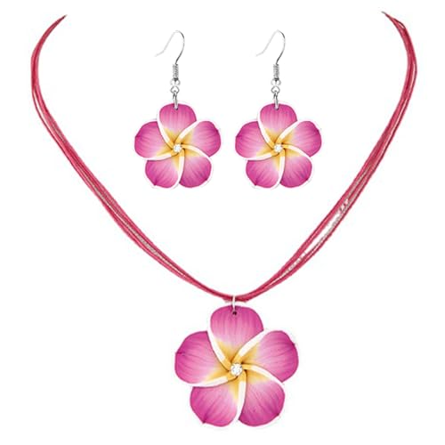 Dreuyet Colorful Plumeria Rubra Necklace Earrings Set for Women Elegant Hawaiian Style Flower Necklaces Bohemia Tropical Flower Dangle Earrings Luau Beach Party Accessories - color: roes red