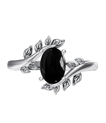 Genuine Turquoise Ring for Women Western Oval Gemstone Jewelry 925 Sterling Silver Leaf Bohemian Boho for Her Wife Mom - color: Black Onyx