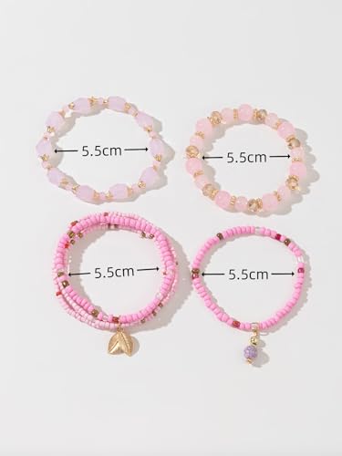 Caiyao 4Pcs Bohemia Multilayer Stackable Beaded Bracelets Set Colorful Crystal Stone Gold Beaded Stretch Bracelets Hawaii Charm Bracelet for Women Men Summer Beach Boho Vacation Jewelry Gifts - color: 7pcs pink