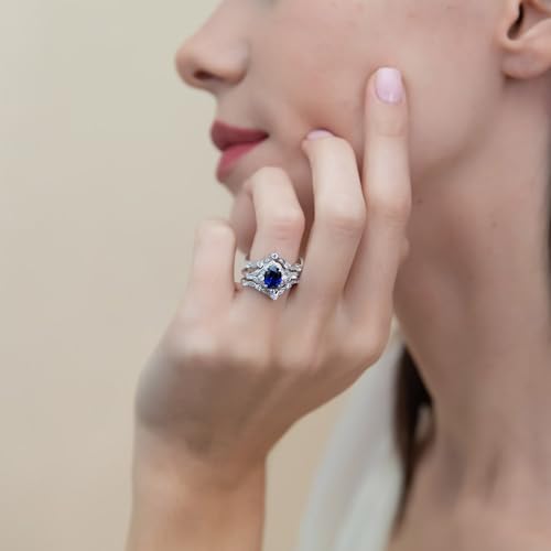 BERRICLE Sterling Silver CZ Halo Wedding Engagement Rings for Women, Oval Cut Cubic Zirconia, 1-3 Piece Sets, Pink/Blue/Clear - style: 3 Piece Set, Sapphire