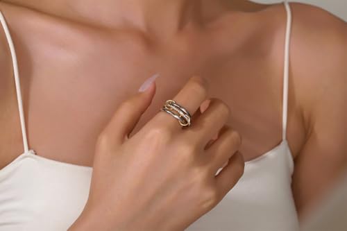 Gold/Silver Interlocked Rings For Women Dainty Stainless Steel Cubic Zirconia Stackable Statement Rings Two-toned Connected Bands Rings Non Tarnish (size 6-10) - color: R-CZ-Silver gold silver ring